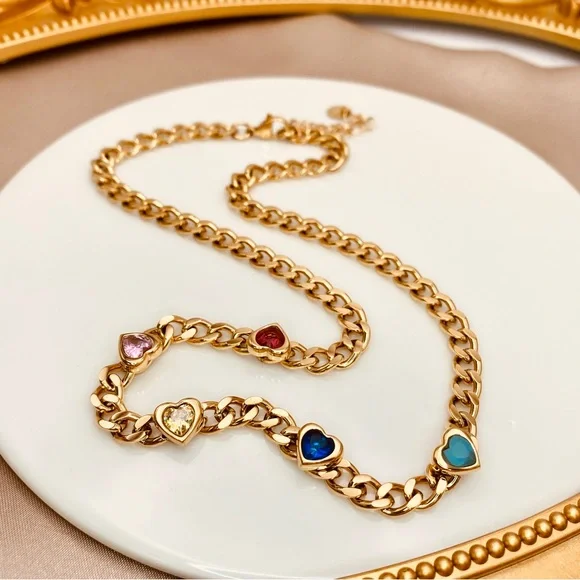 Fabulous Cuban Link Studded Colorful Hearts CZ Necklace in Gold - Picture 4 of 9